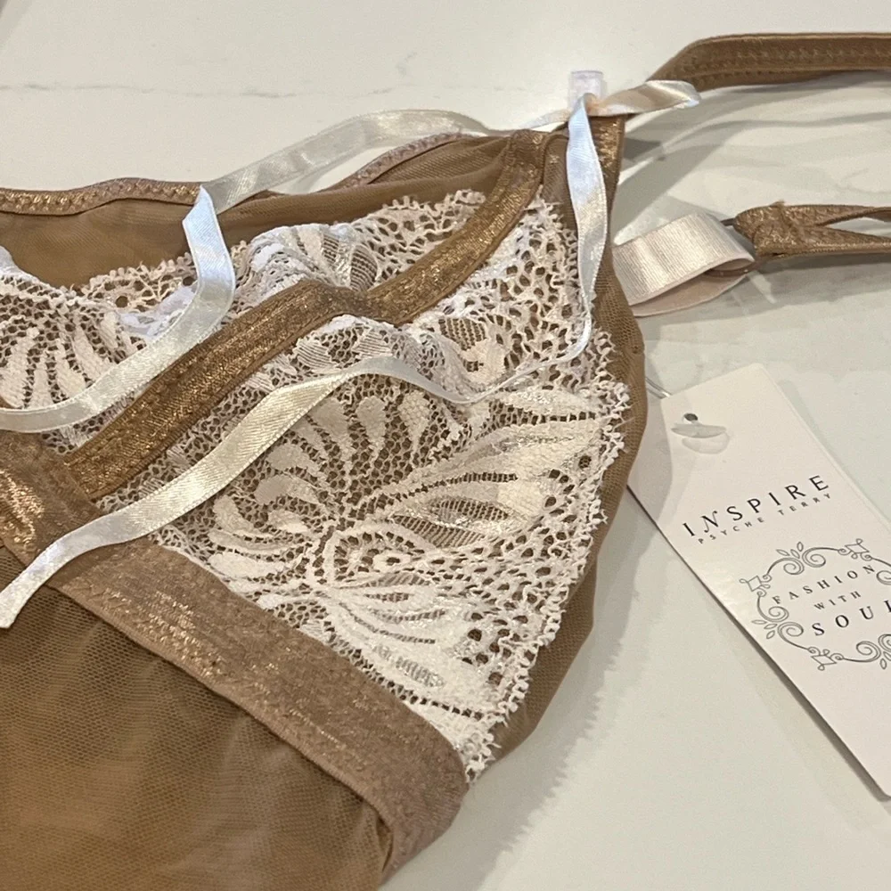 NWT Inspire Psyche Terry Tan and Pale Pink  Lace  Cami and Thong Set‎ - Picture 6 of 11